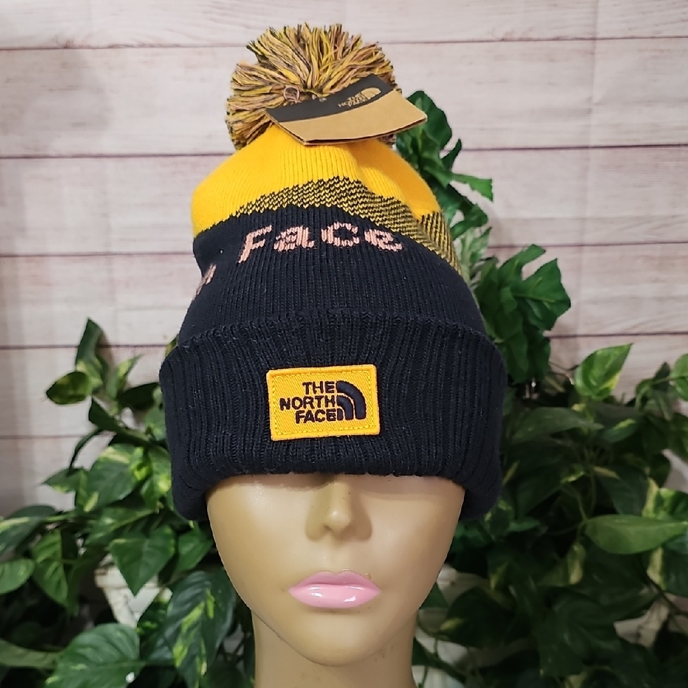 The North Face NWT Recycled Pom Pom Aviator Navy/Yellow Knit Beanie/ Unisex/OS - Picture 1 of 7